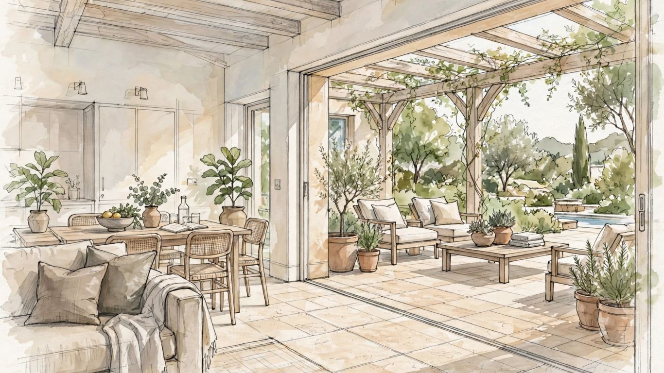 Illustrative sketch of indoor and outdoor travertine
