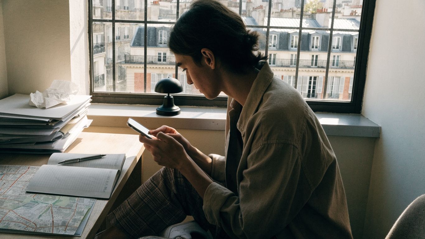 A traveller checking a hotel booking beside a Paris window