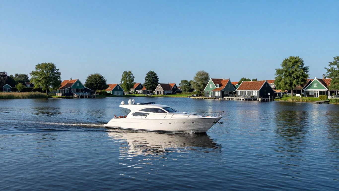 Luxe jacht vaart op een Fries meer met groene oevers.