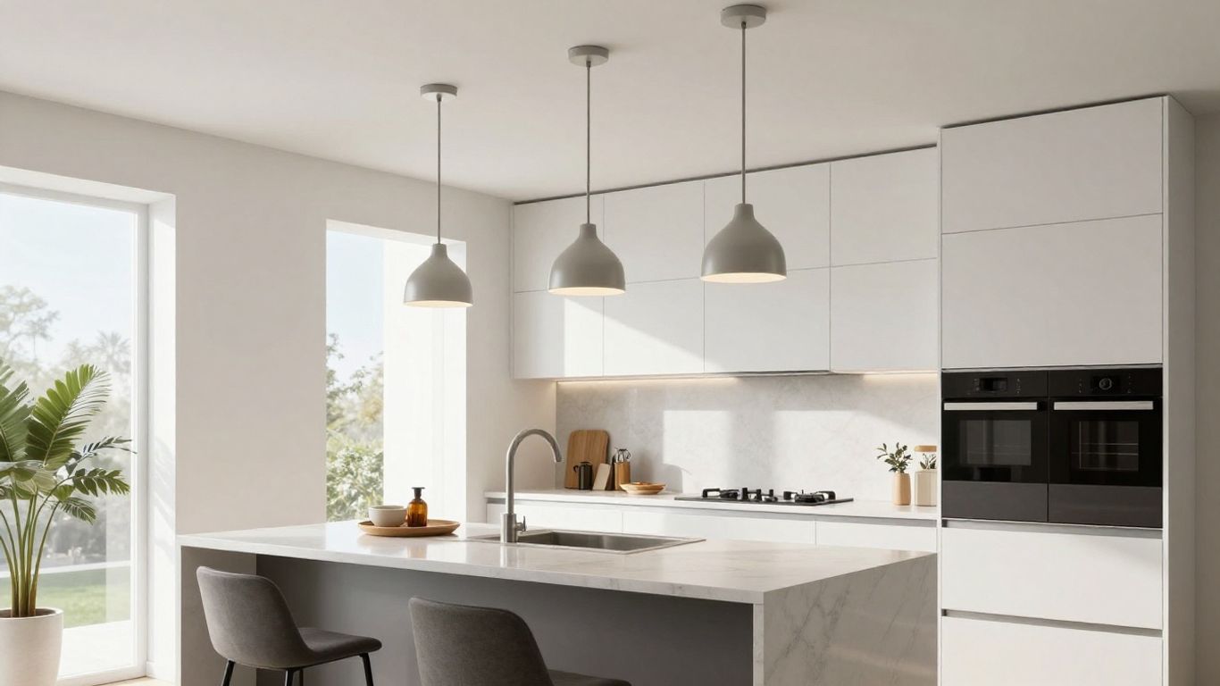 Modern kitchen with stylish ceiling pendant lights.