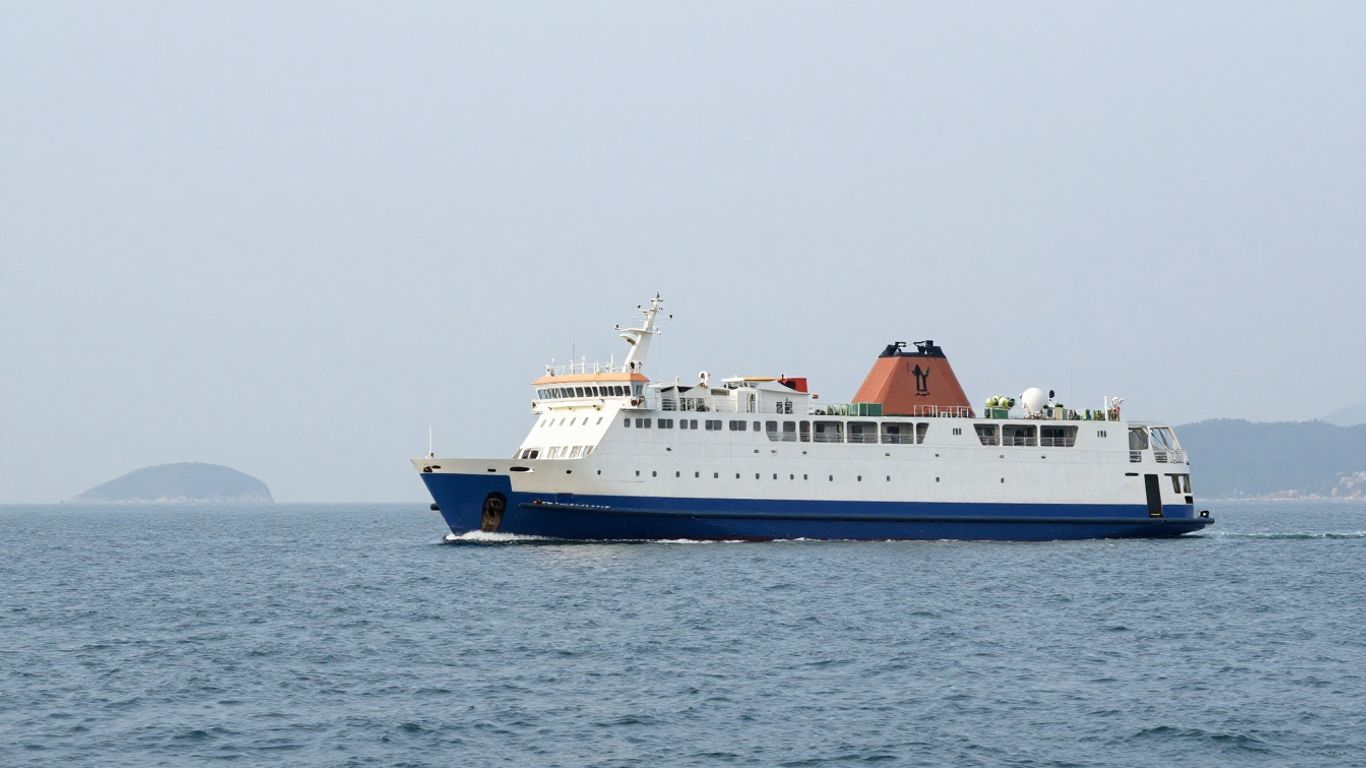 Ferry sailing across the sea towards the coast.