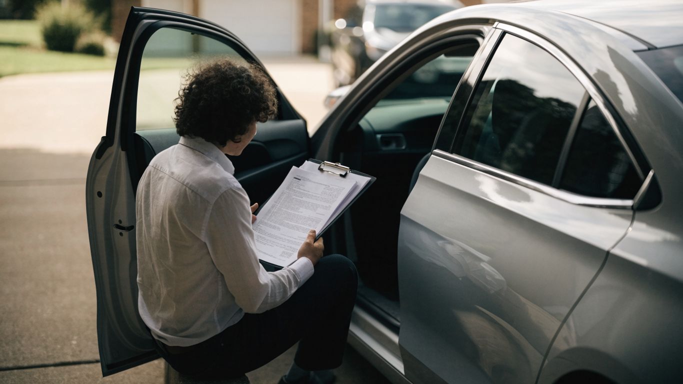 Owner reviewing vehicle maintenance details beside a parked car