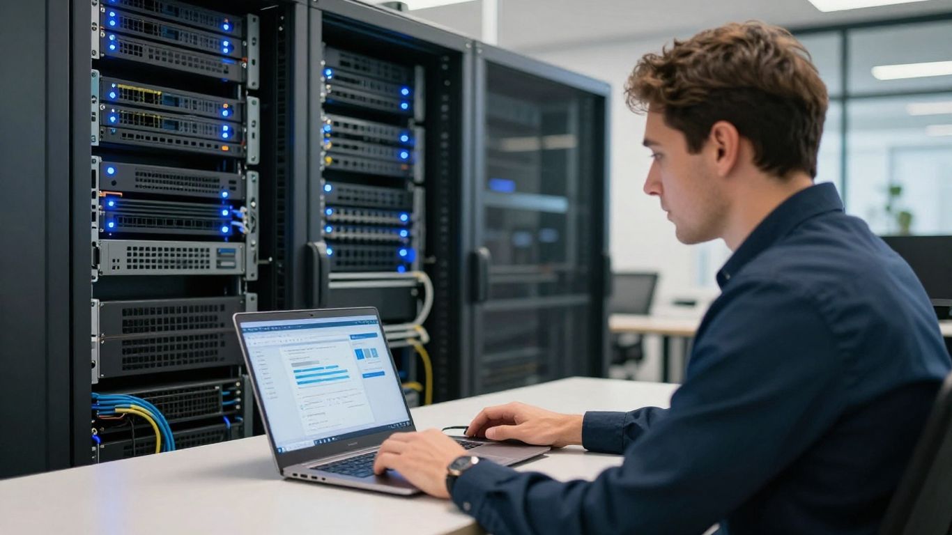IT technician reviewing network dashboard Brisbane