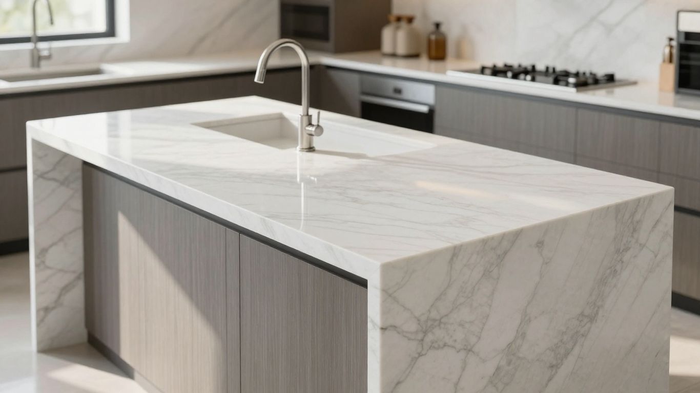 Elegant marble kitchen countertop with natural veining.
