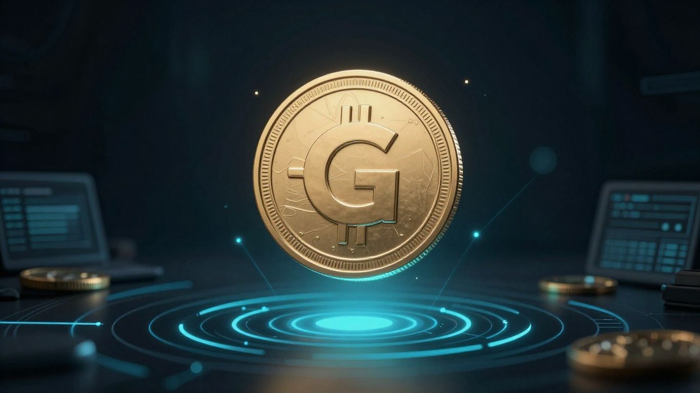 Digital coin with 'G' logo above abstract computer interface.
