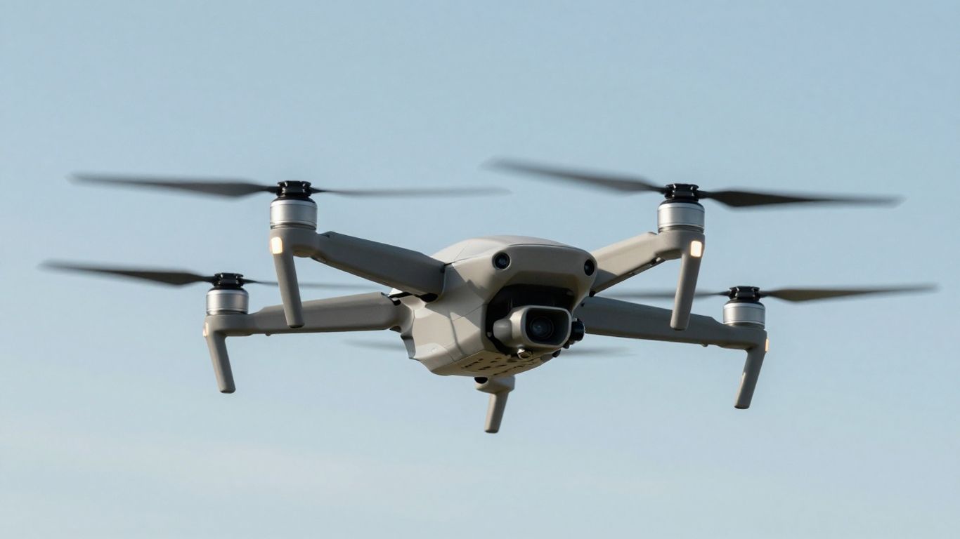 Drone with blurred propellers in flight.