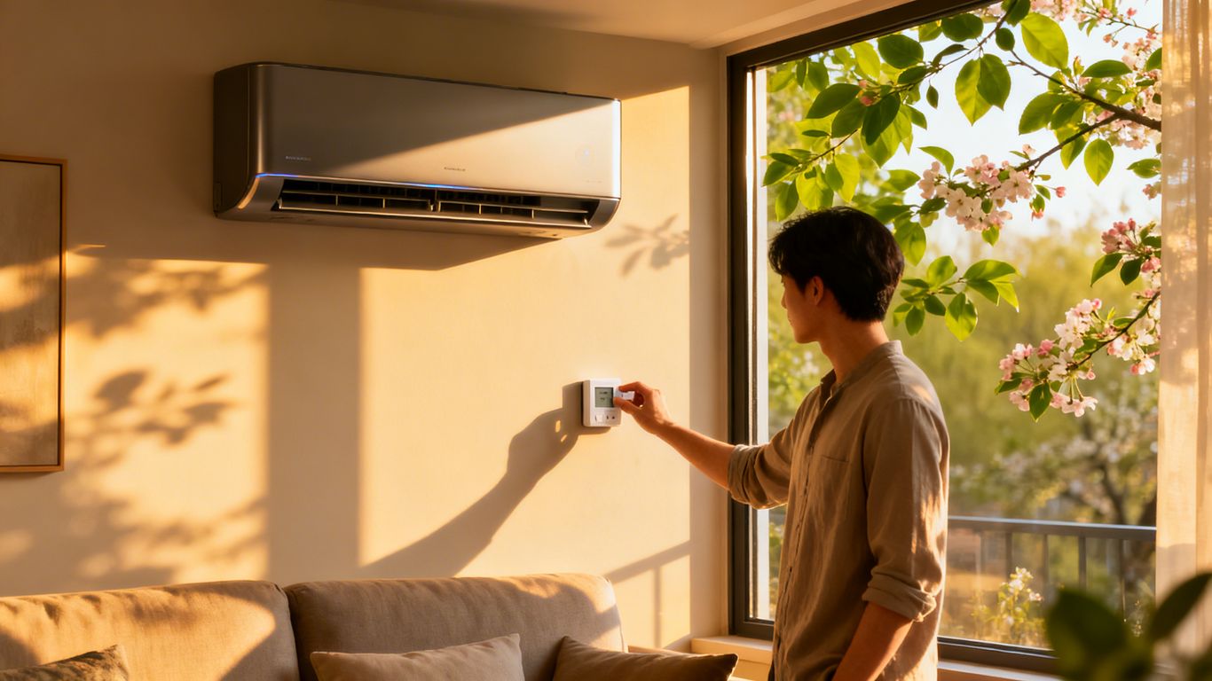 Modern HVAC unit in a sunny room with spring flowers.