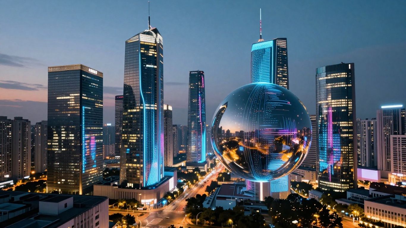 Futuristic cityscape with glowing digital streams and hovering orb.