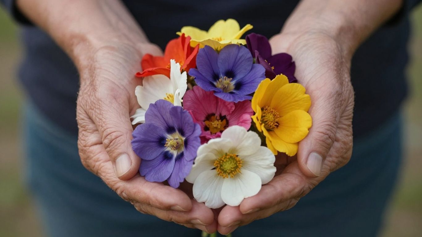 Hands holding a colorful bouquet of flowers.