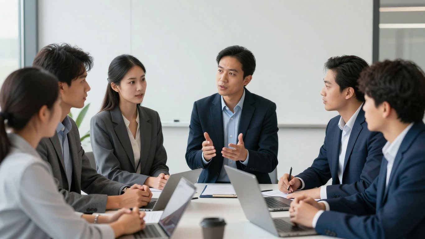 Junge Berufstätige im Büro diskutieren konzentriert.