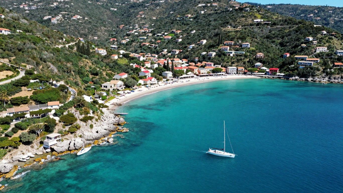 Aerial view of St. Martin's coastline and clear blue waters.