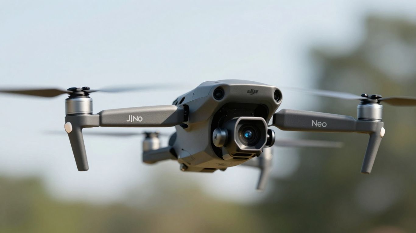 DJI Neo 2 drone in flight, outdoor setting.