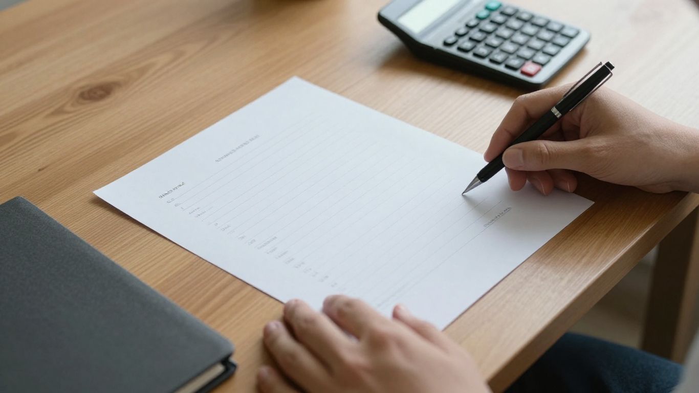 Printed statements beside calculator and carefully arranged paperwork