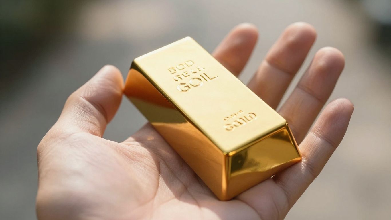 Goldene Hand, die einen glänzenden Goldbarren hält.