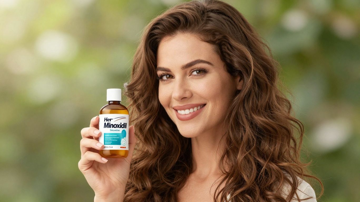 Woman with thick hair holding Hers Minoxidil Solution bottle.