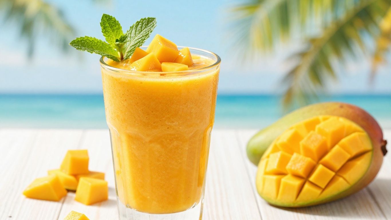 Tropical Mango Delight Herbalife smoothie with mango chunks.