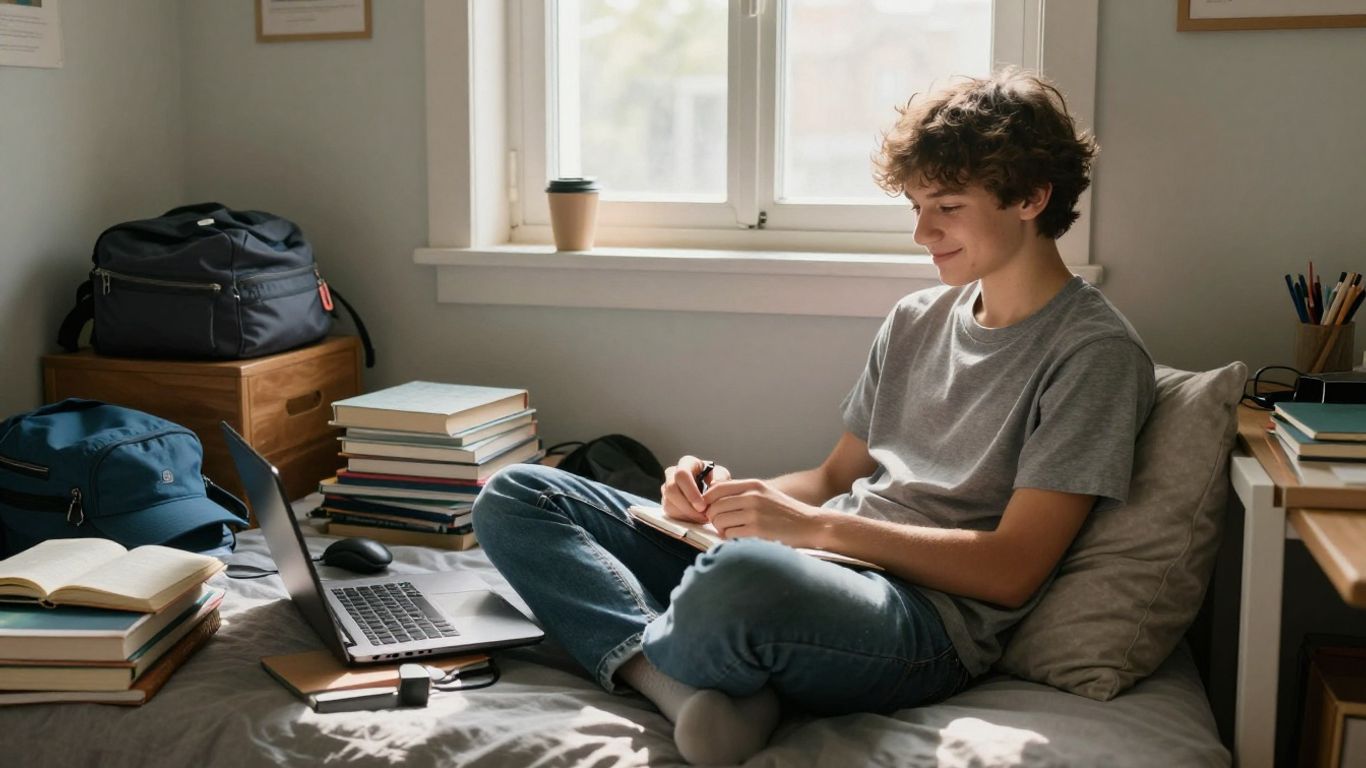 Estudiante sonriendo en su habitación con seguro de inquilino.