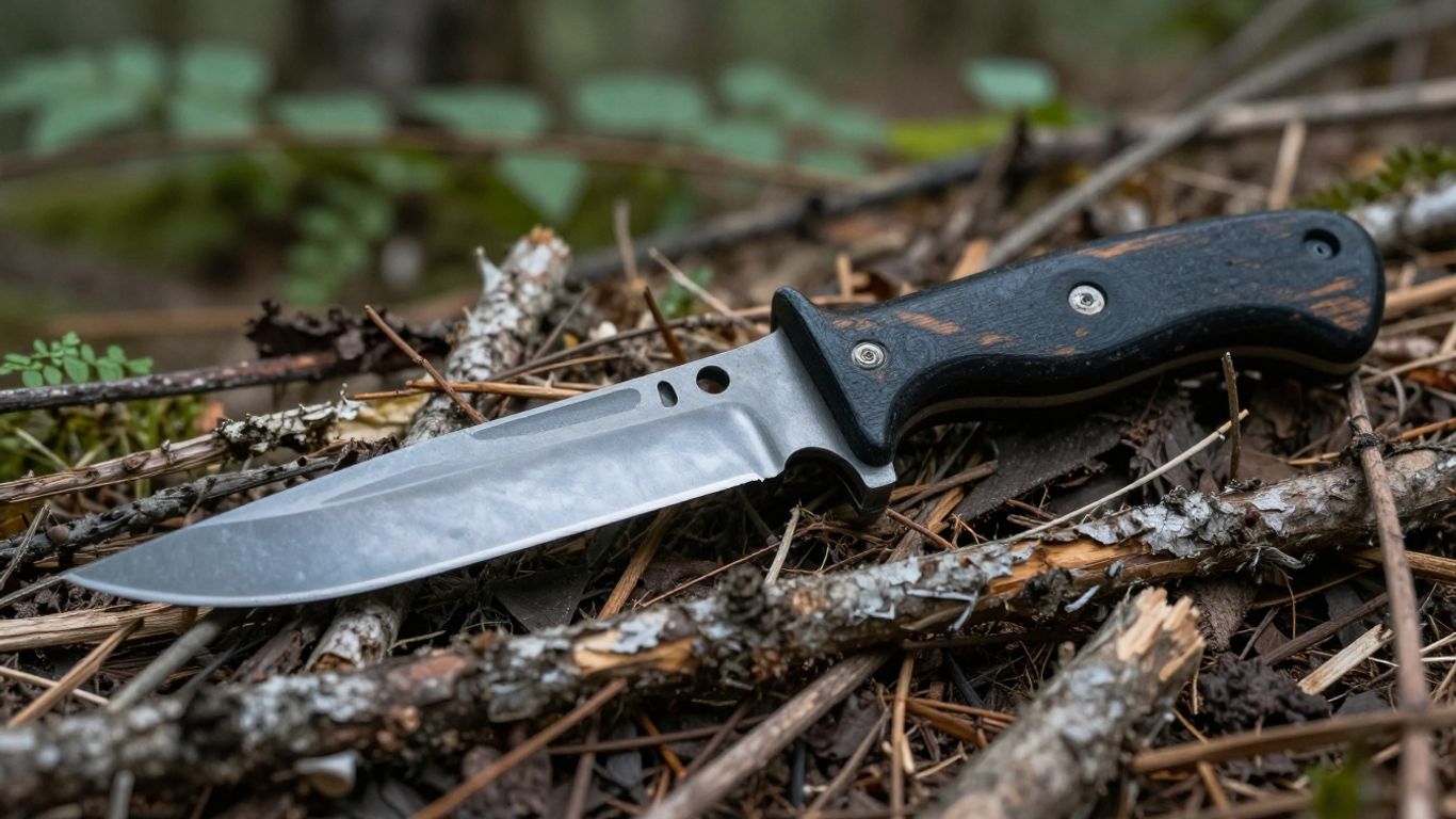 Survival knife on forest floor, ready for use.