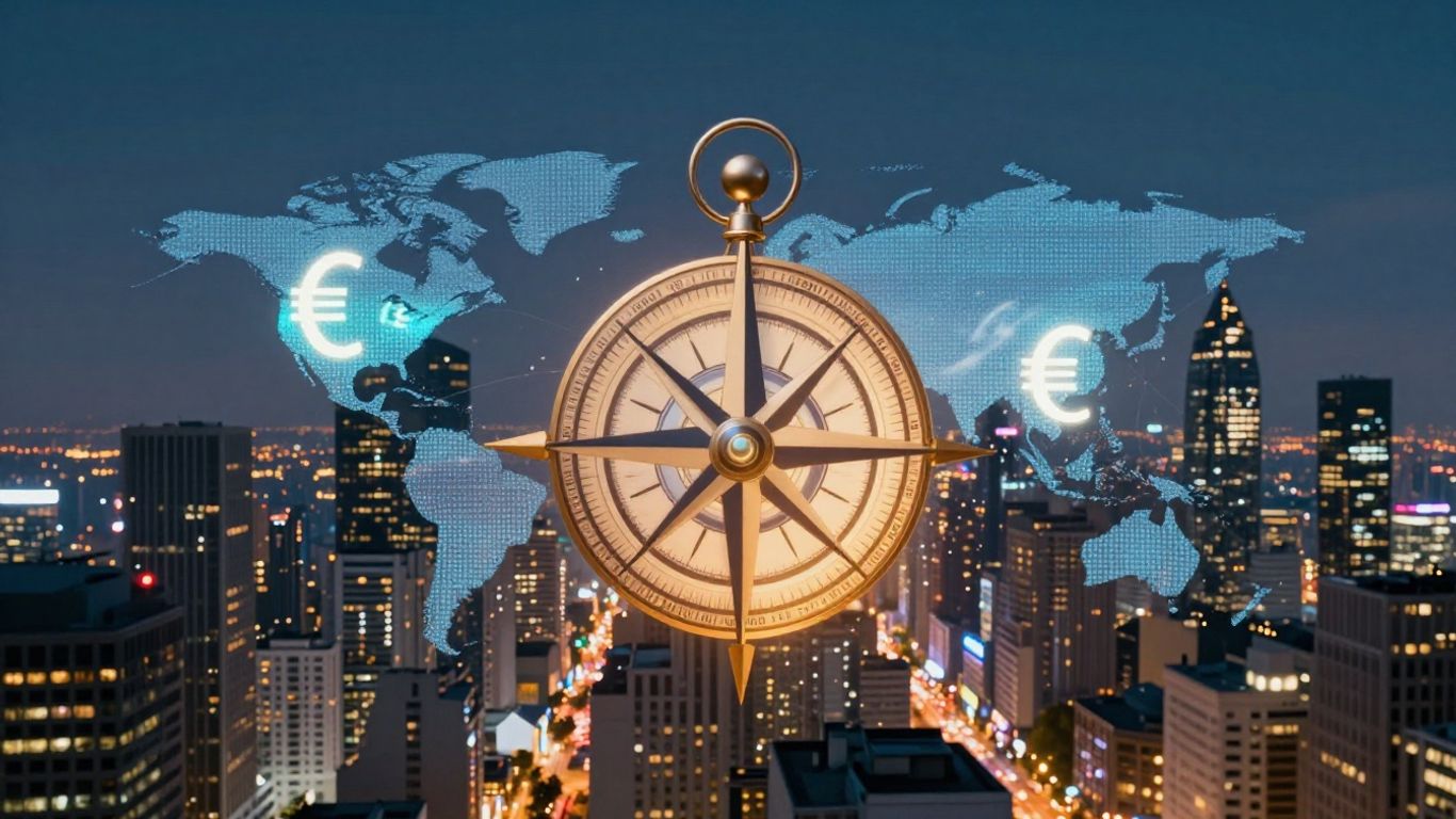 Forex options trading concept with currency symbols and compass.