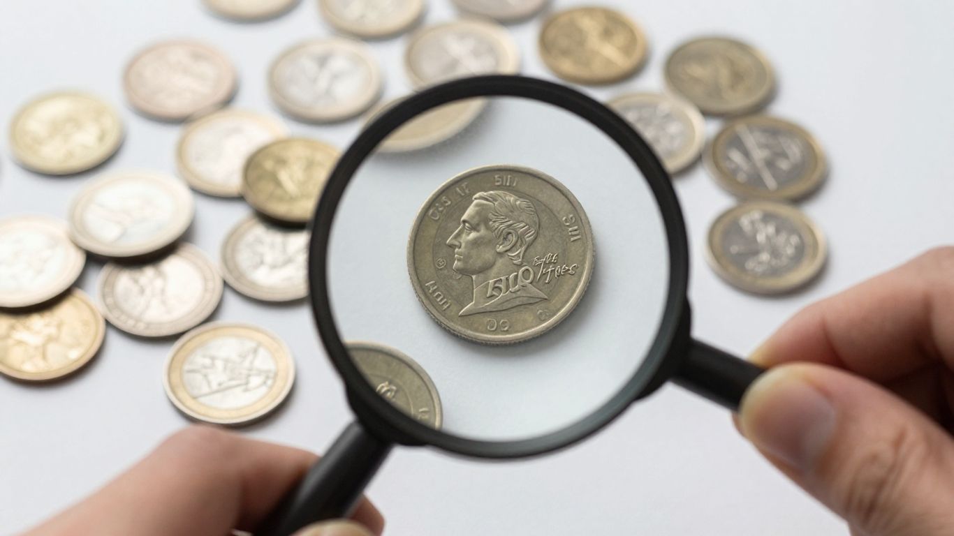 Magnifying glass over various coins