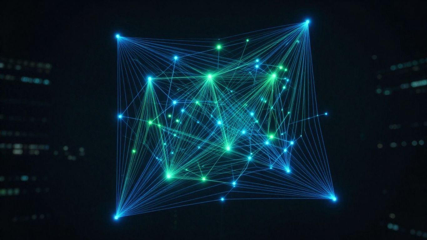 Interconnected digital network lines glowing in the dark.