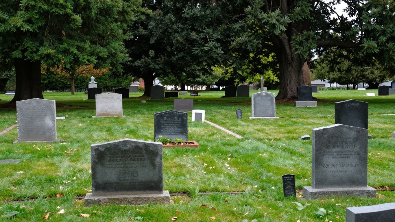 Photographic cemetery scene with different headstones and trees