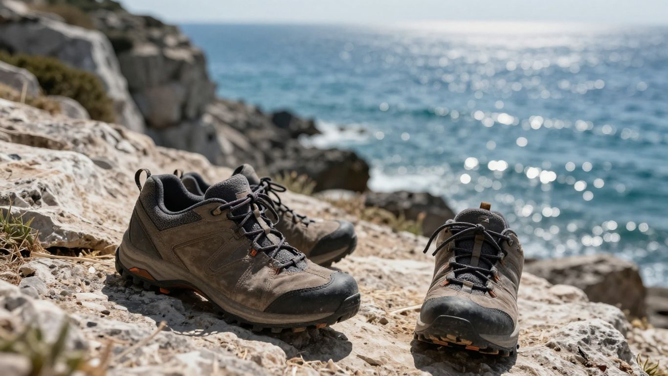 Hiking shoes resting on a rugged coastal path