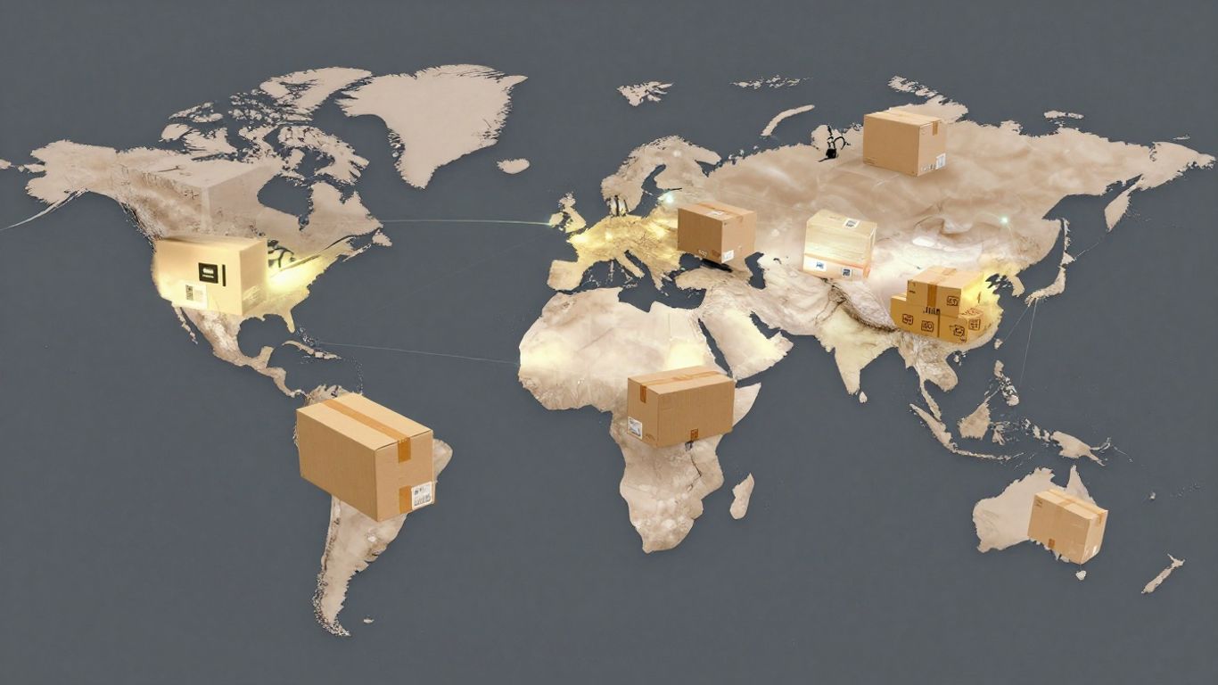 Global dropshipping packages moving across a world map.