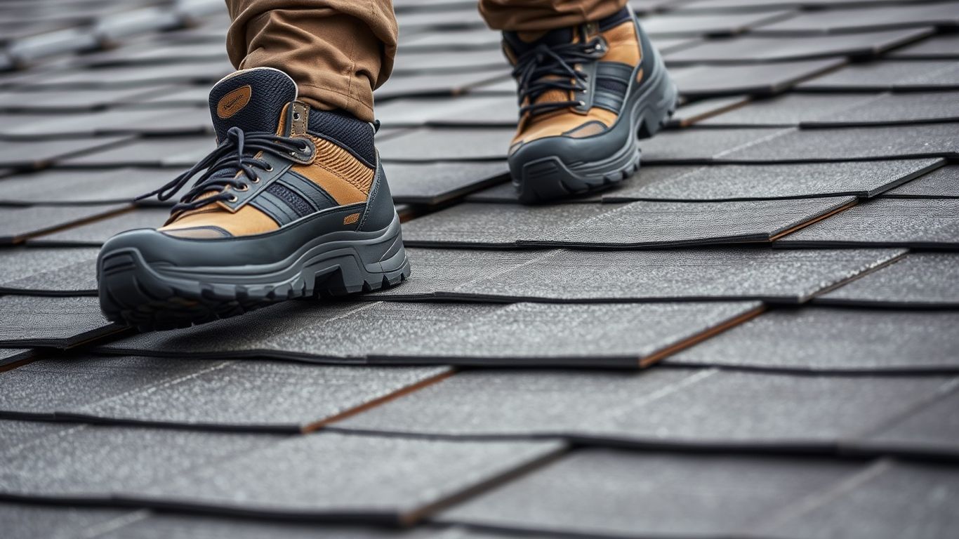 Close-up of specialized roof walking shoes on shingles.