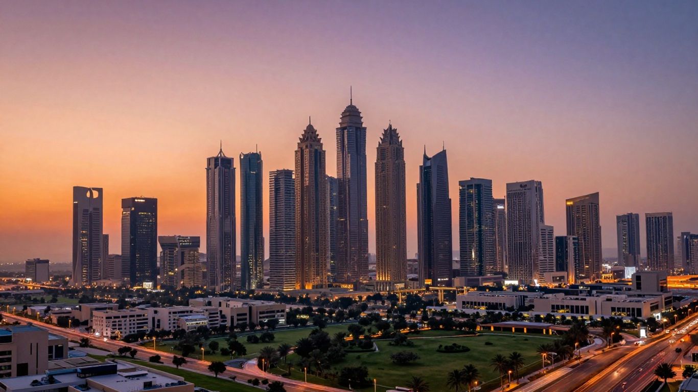 Dubai skyline at sunset, modern skyscrapers, urban growth.