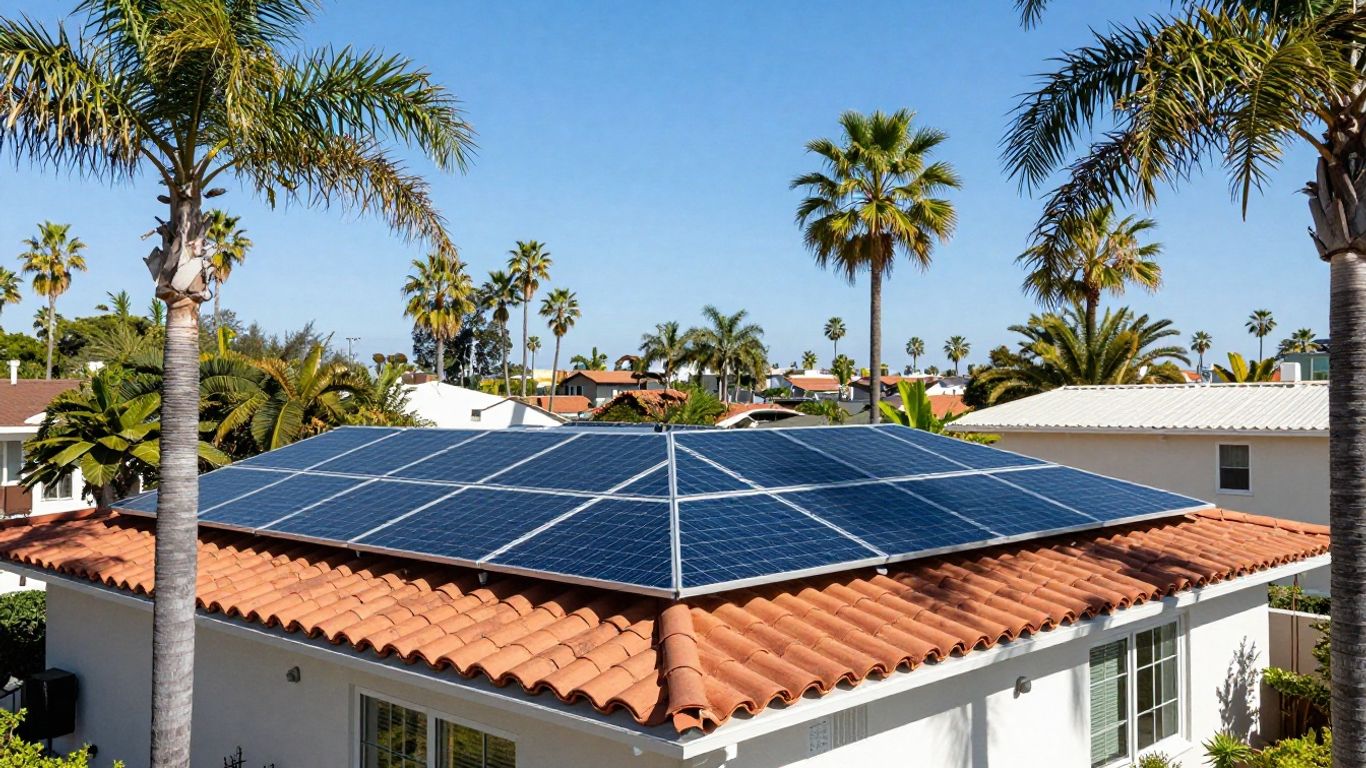 Southern California home with solar panels and palm trees.