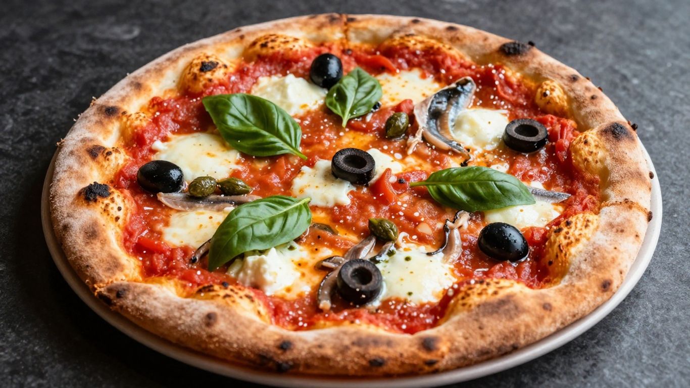 Puttanesca pizza with olives, capers, and anchovies.