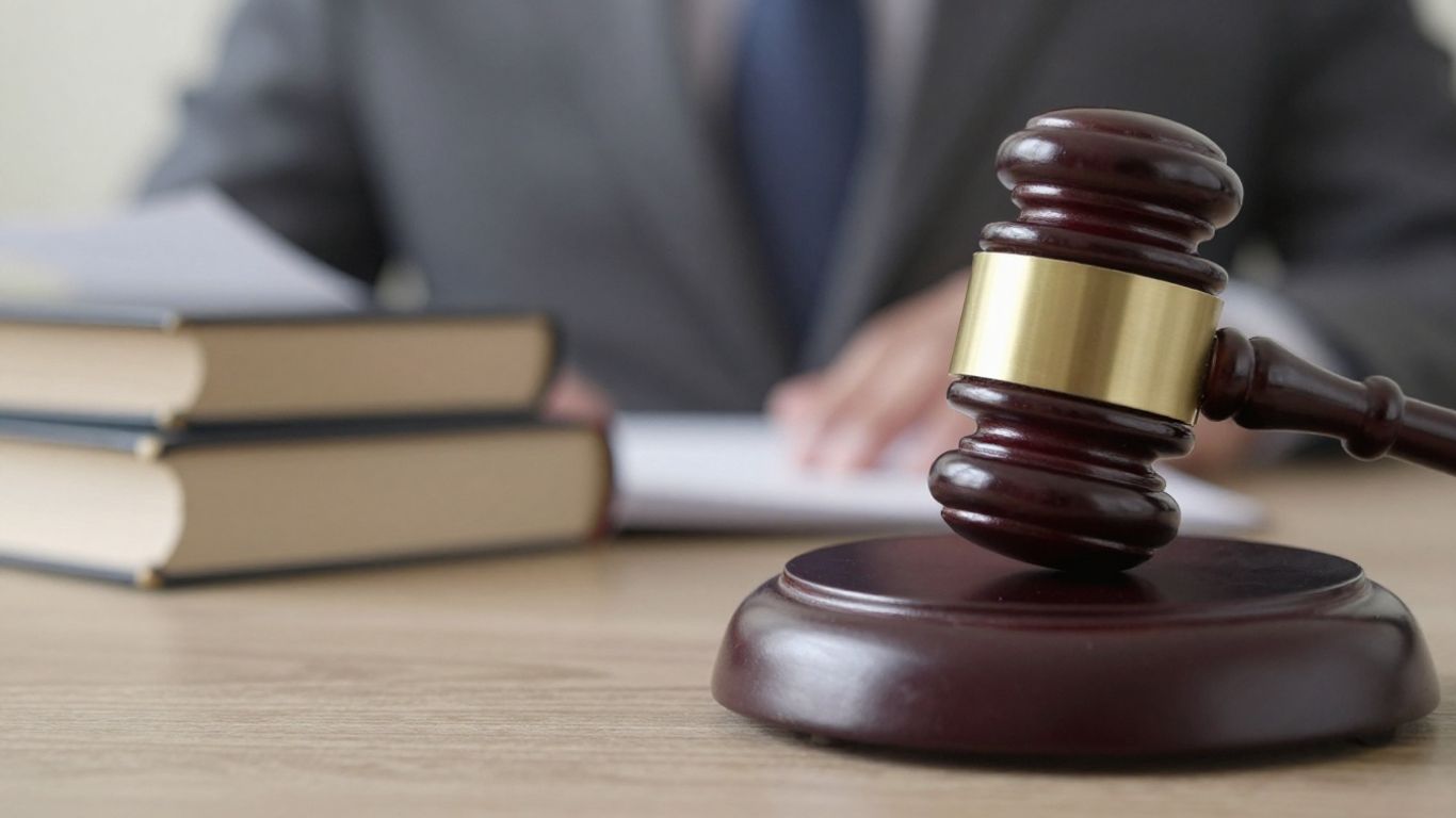 Gavel striking sound block, legal documents background.