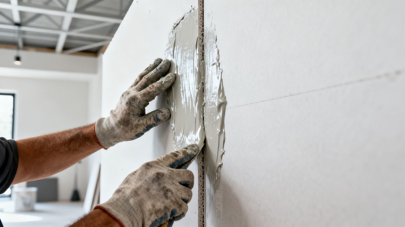 Drywaller smoothing a seam for open concept remodel.