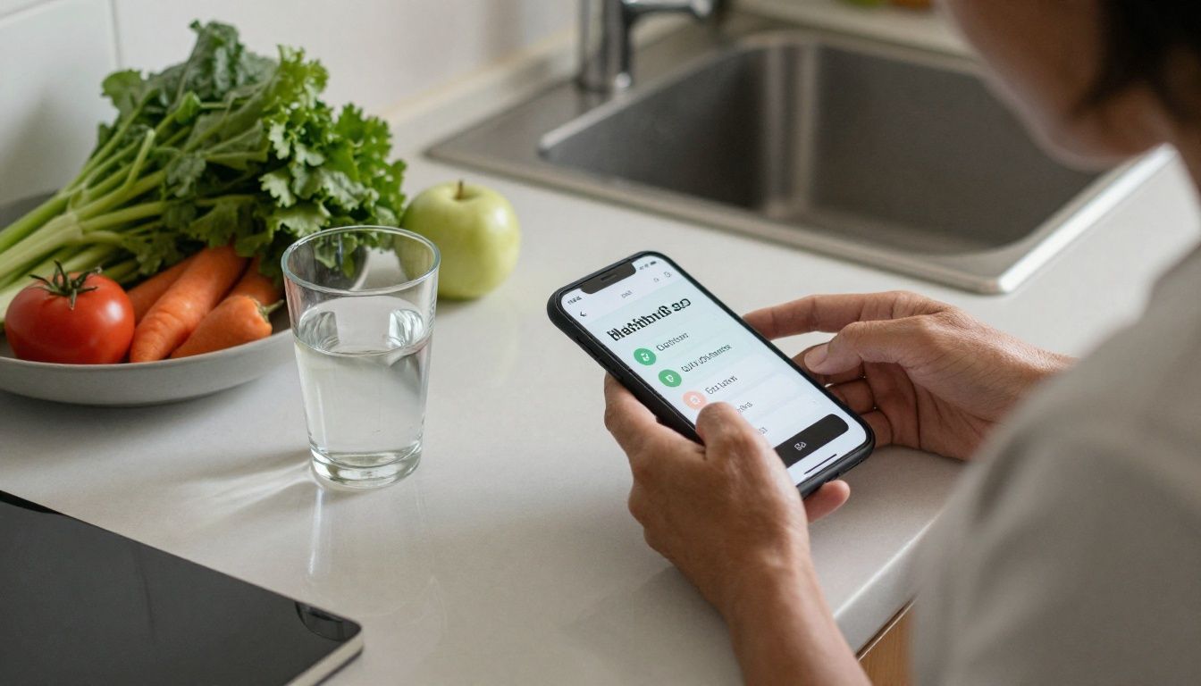 A person in their 40s thoughtfully reviewing their health journal and phone at a kitchen counter, with fresh vegetables and a glass of water nearby, symbolizing a holistic approach to their GLP-1 journey.