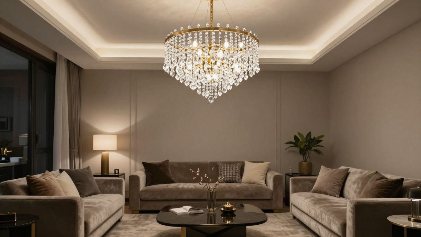 Modern crystal chandelier in a living room.