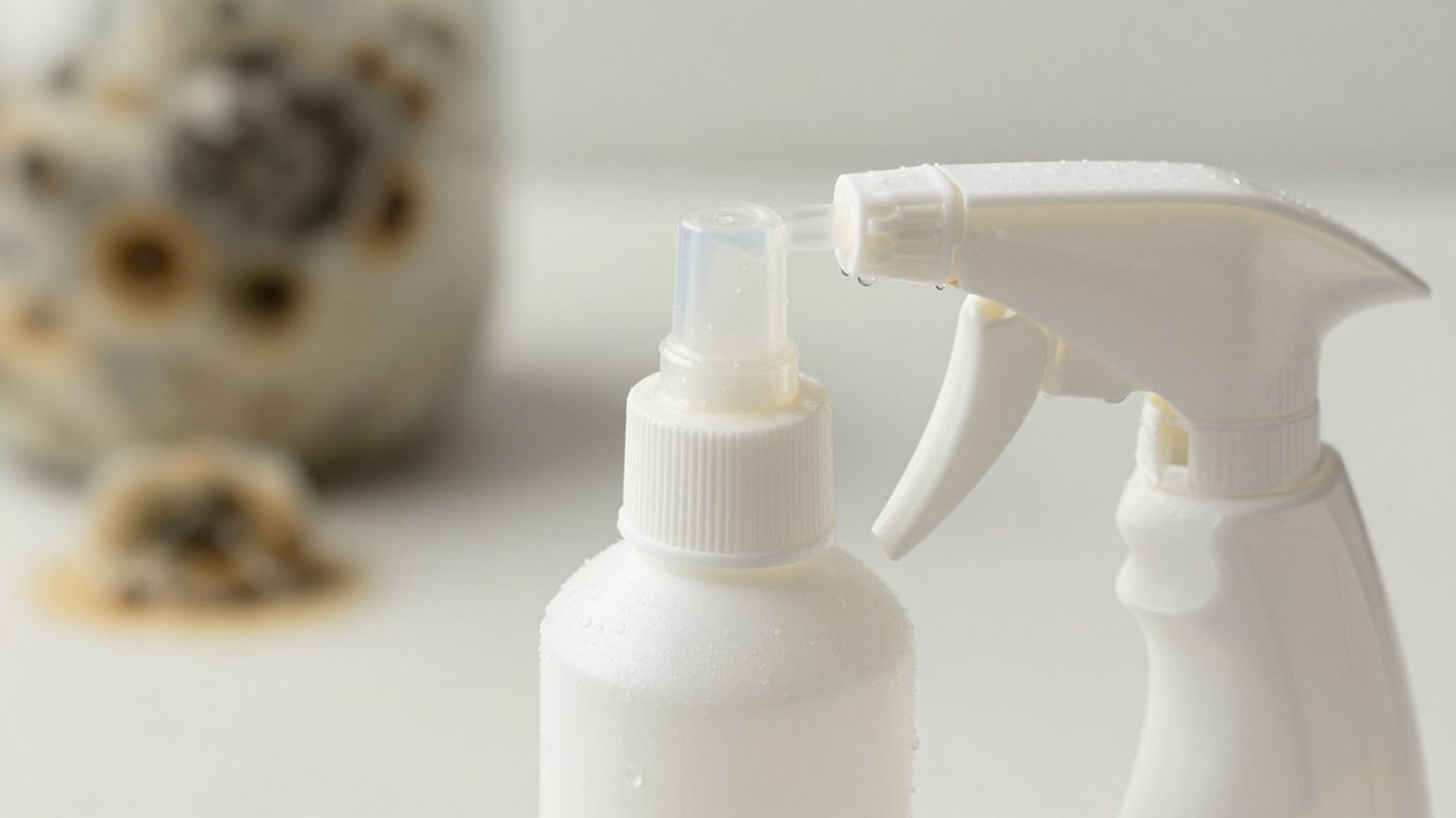 Vinegar spray bottle near moldy surface