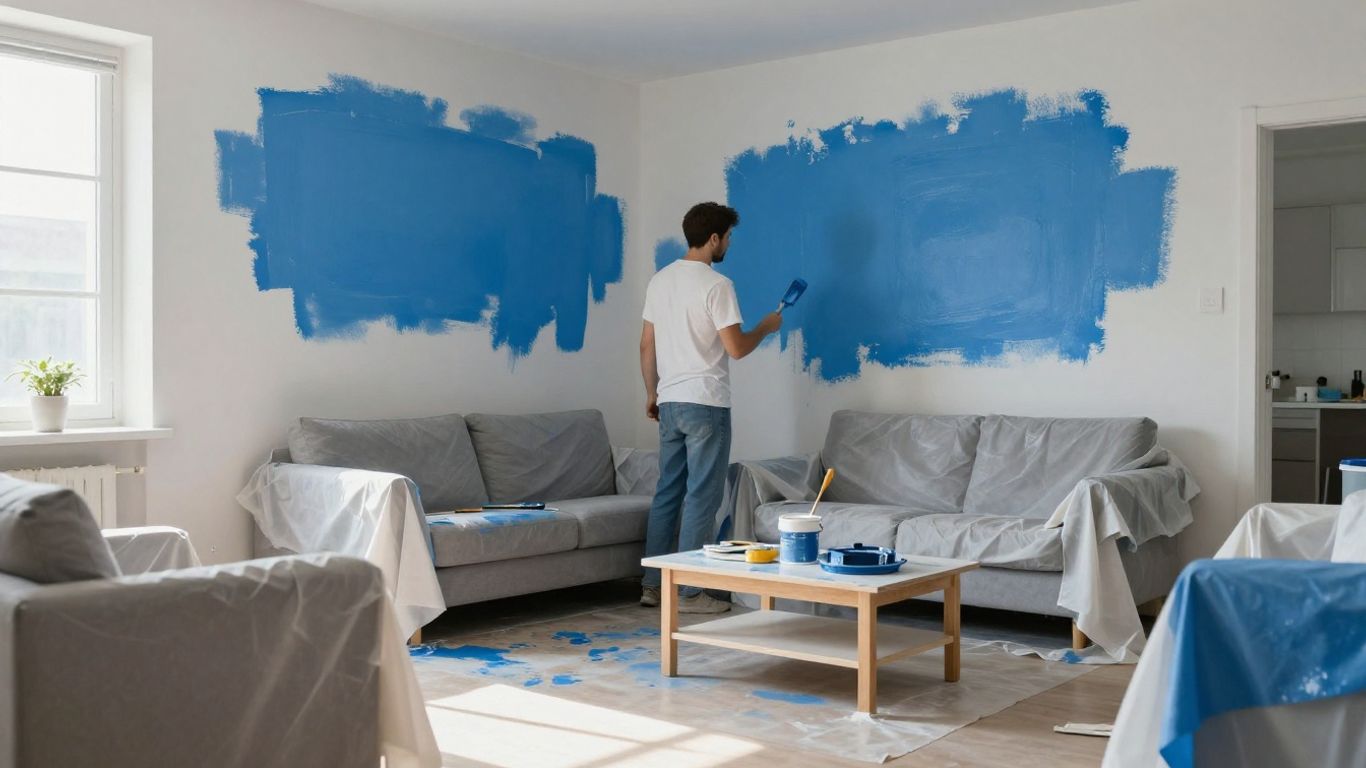 Painter applying blue paint to a wall in a living room.