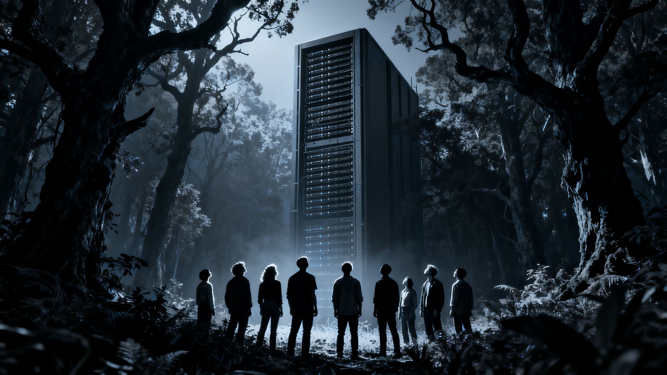 People protesting against a large, imposing data center in a forest.