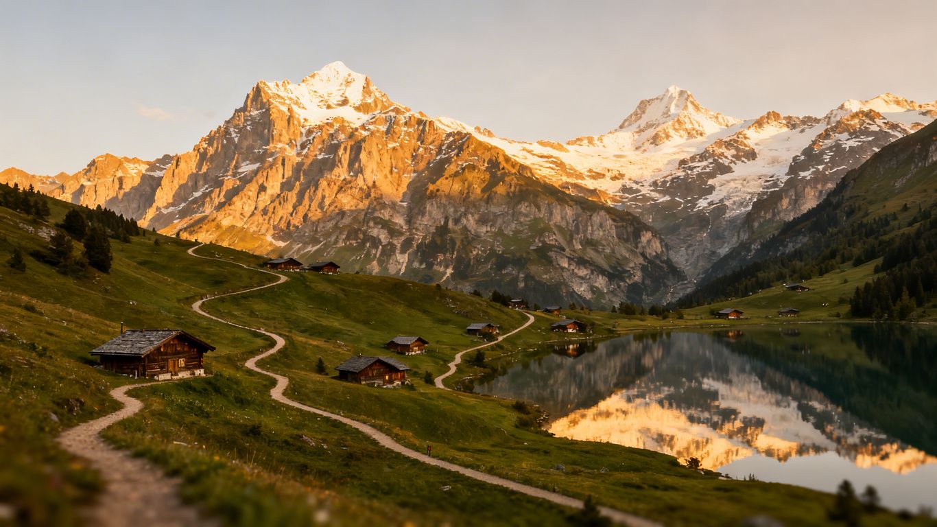 Summer mountain resort with green valleys and alpine lake.