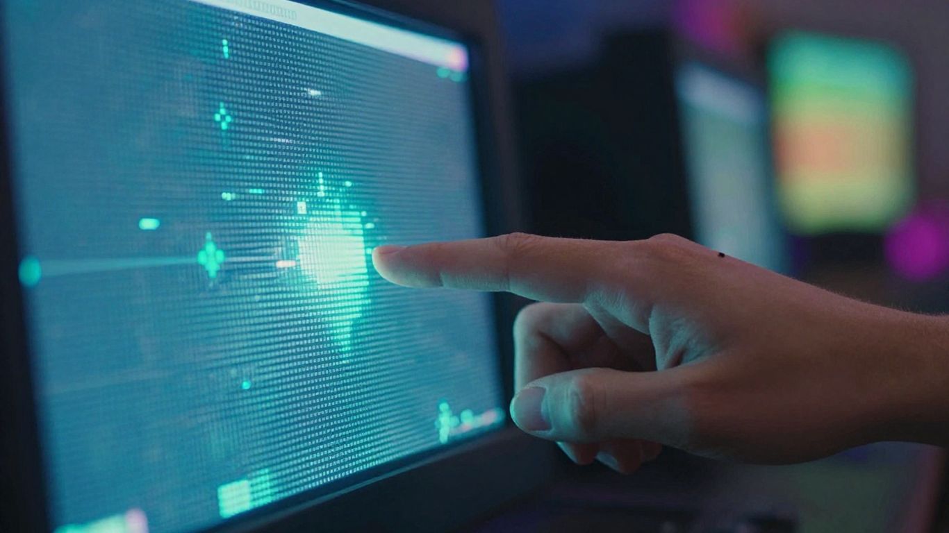 Hand reaching for a glitchy, colorful game screen.