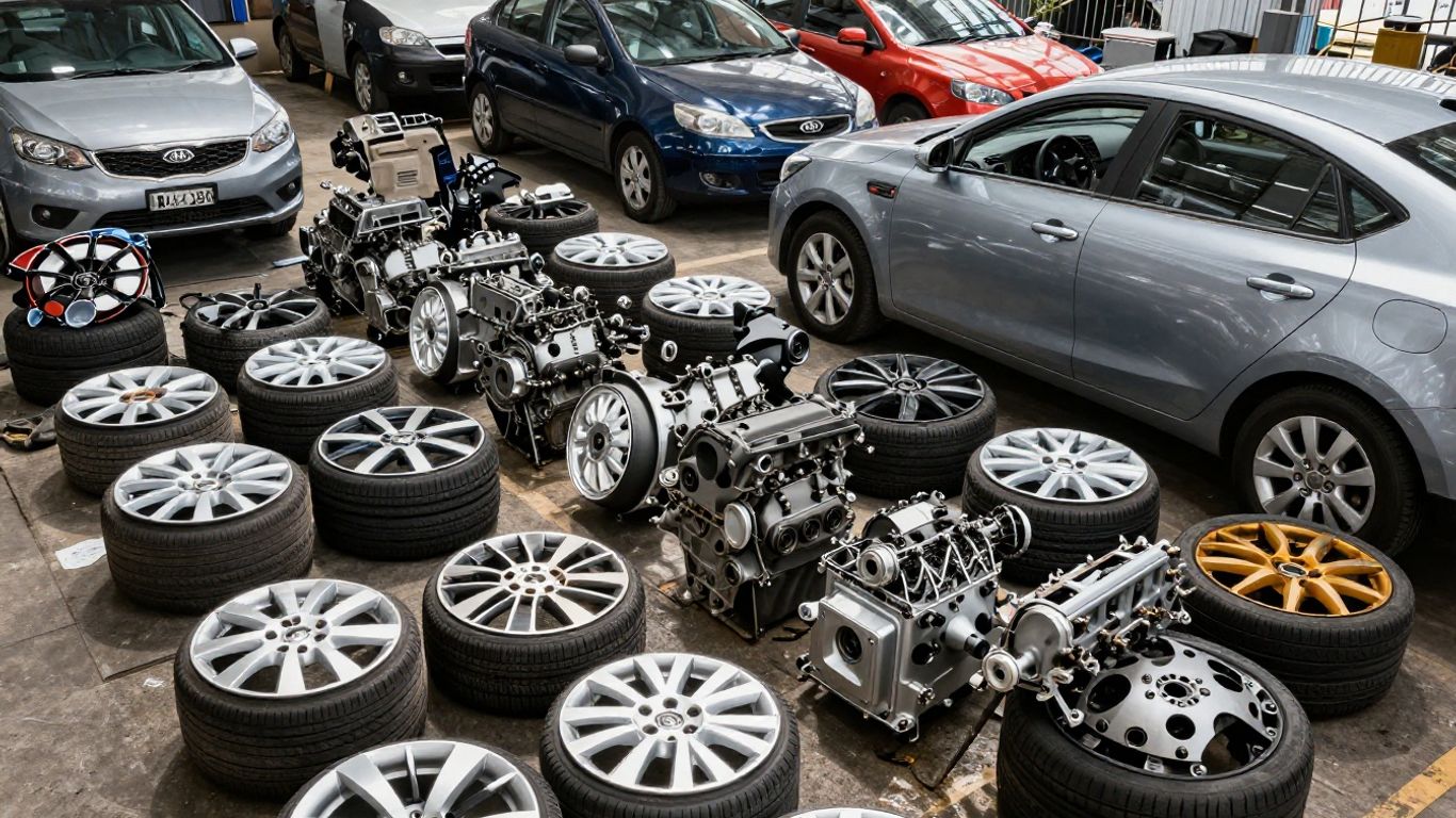 Sydney Kia wreckers yard with organized car parts.