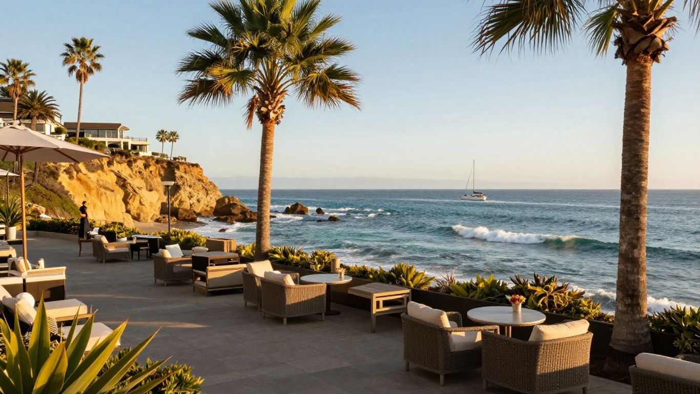 Pacific coast resort with palm trees and balconies