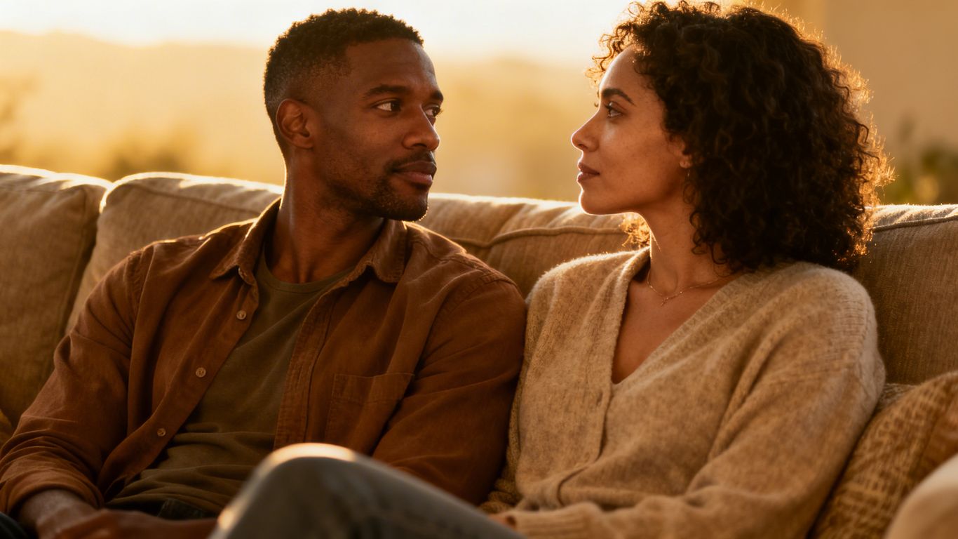Couple sitting together on a sofa, looking at each other.