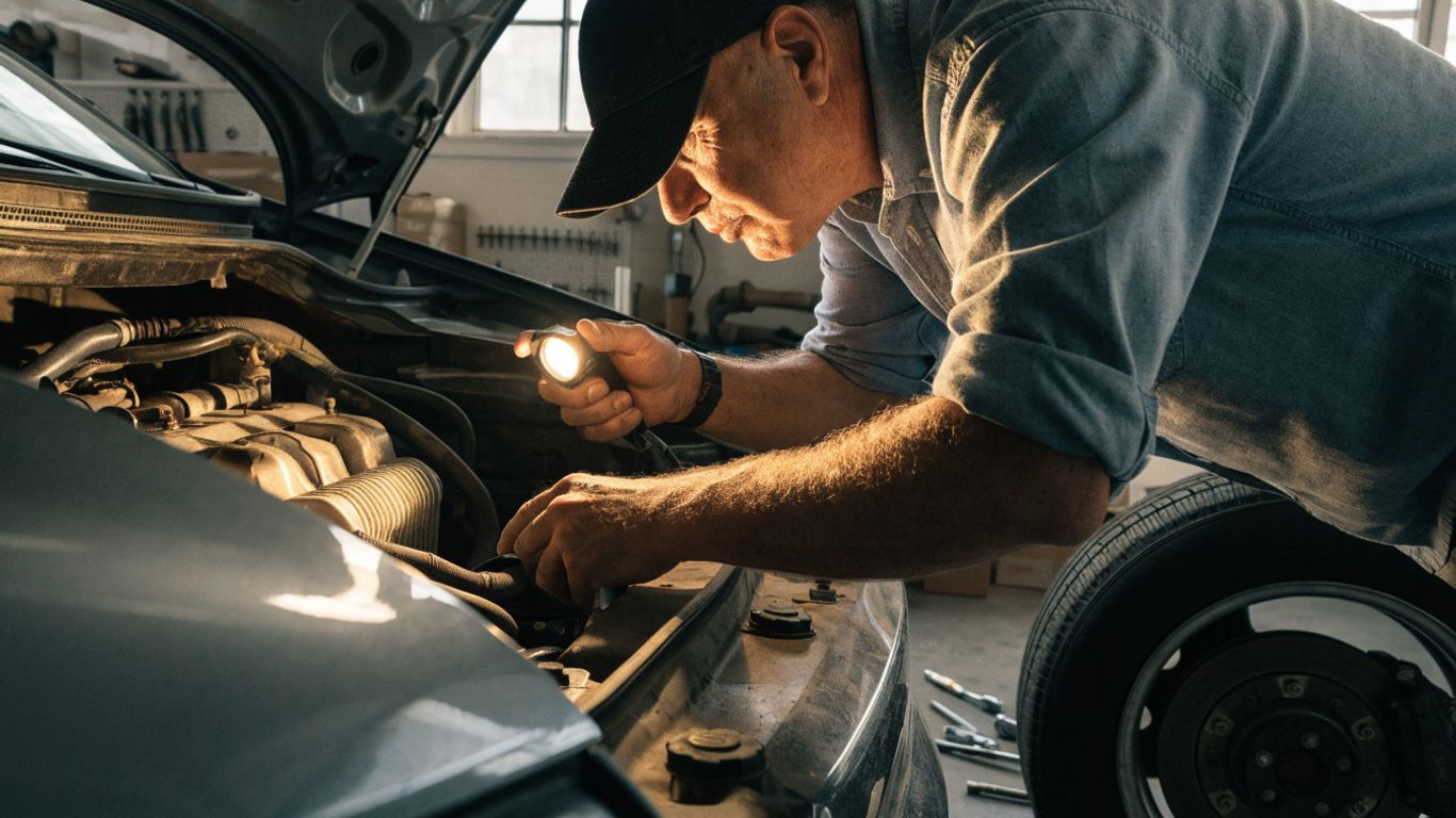 A mechanic checking a used car in a workshop