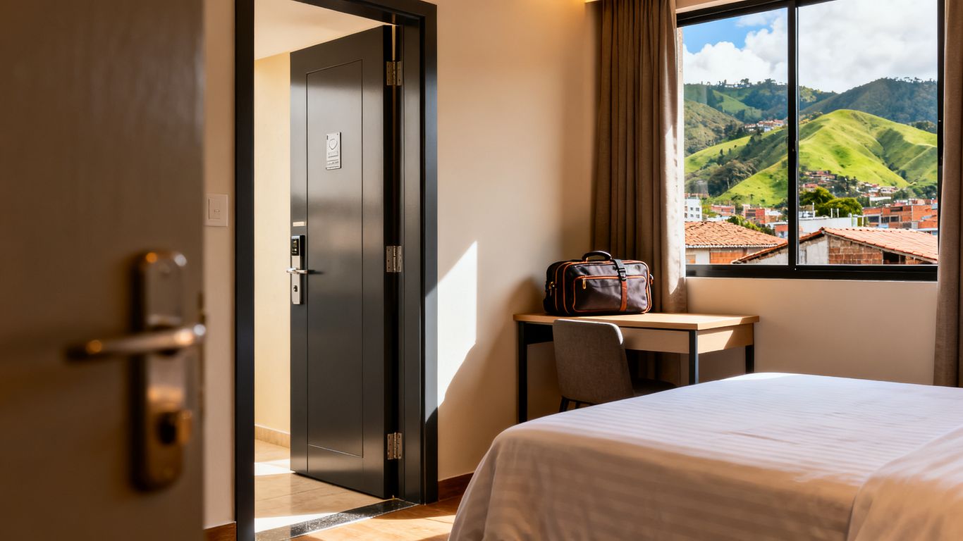 Bright secure hotel room overlooking Medellín hills