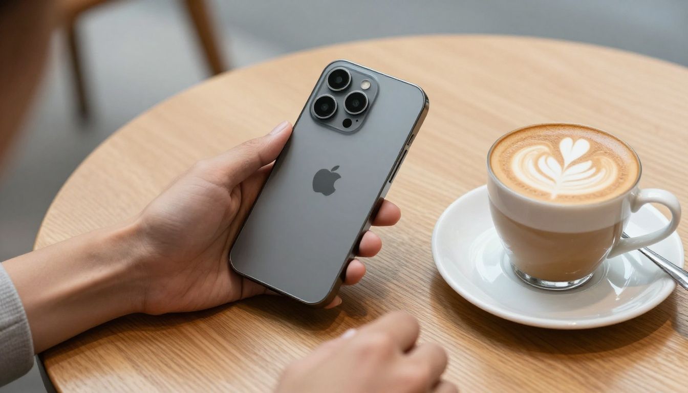 A person in a Melbourne cafe placing their iPhone 15 Pro, housed in a sleek minimalist case, on a wooden table next to a flat white coffee.