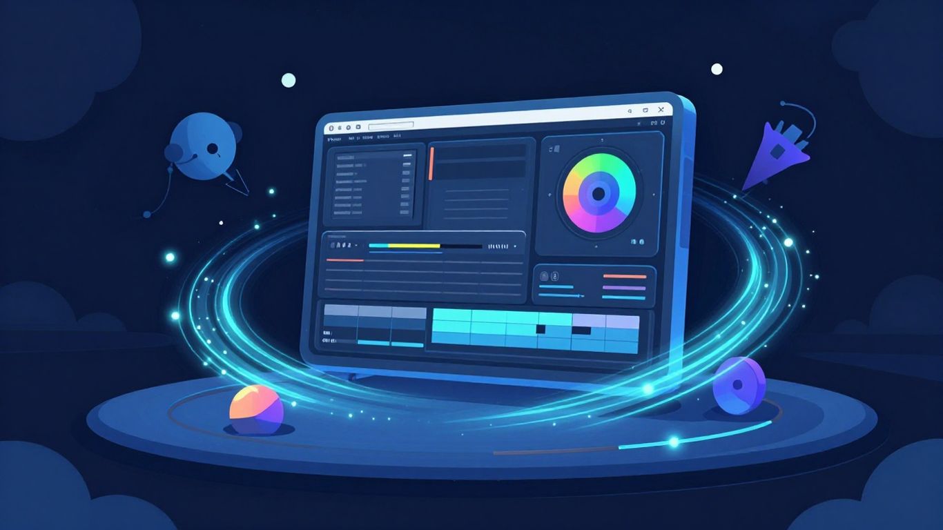 Futuristic video editing interface with glowing particles.