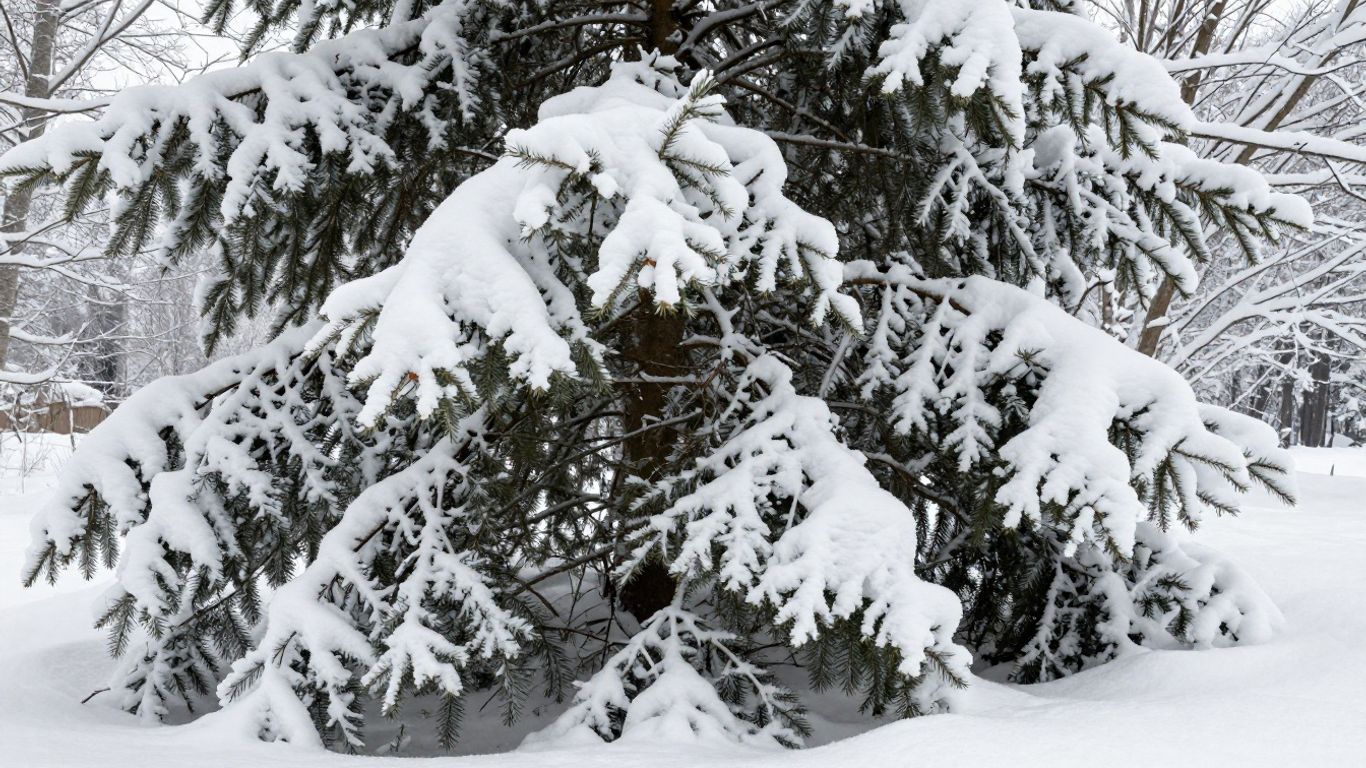 Snow-laden tree branches bending under winter's weight.