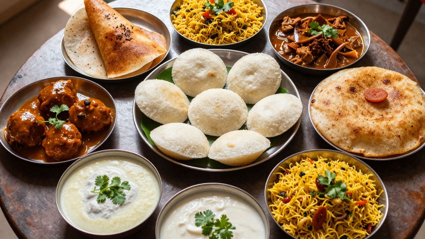Assortment of Indian breakfast dishes like idli and dosa.